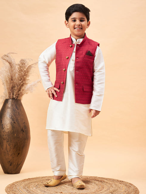 Vastramay Boy's Maroon Nehru Jacket With Cream Kurta And Pyjama Set
