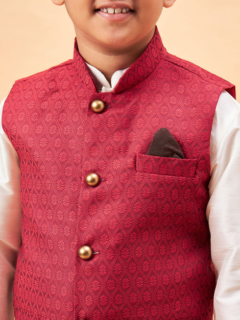Vastramay Boy's Maroon Nehru Jacket With Cream Kurta And Pyjama Set