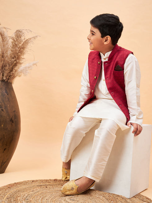 Vastramay Boy's Maroon Nehru Jacket With Cream Kurta And Pyjama Set