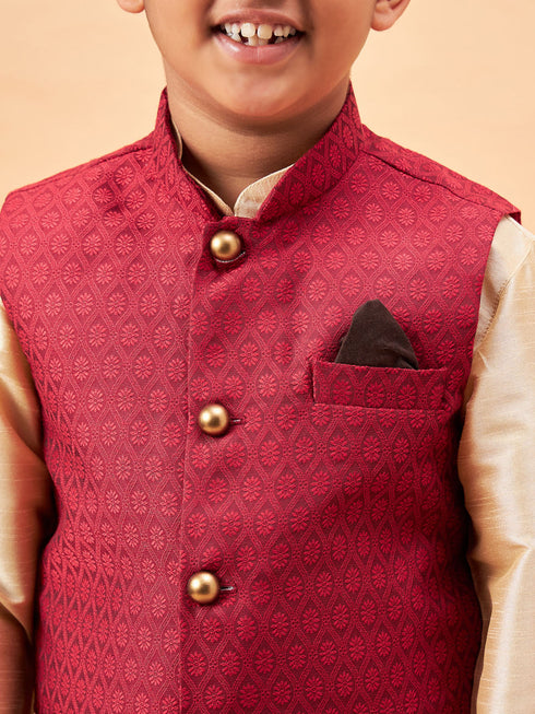 Vastramay Boy's Maroon Woven Jacket With Gold Kurta and Pyjama Set