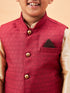 Vastramay Boy's Maroon Woven Jacket With Gold Kurta and Pyjama Set