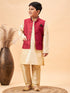 Vastramay Boy's Maroon Woven Jacket With Gold Kurta and Pyjama Set