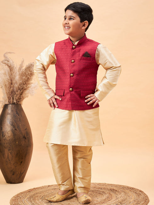Vastramay Boy's Maroon Woven Jacket With Gold Kurta and Pyjama Set