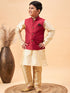 Vastramay Boy's Maroon Woven Jacket With Gold Kurta and Pyjama Set
