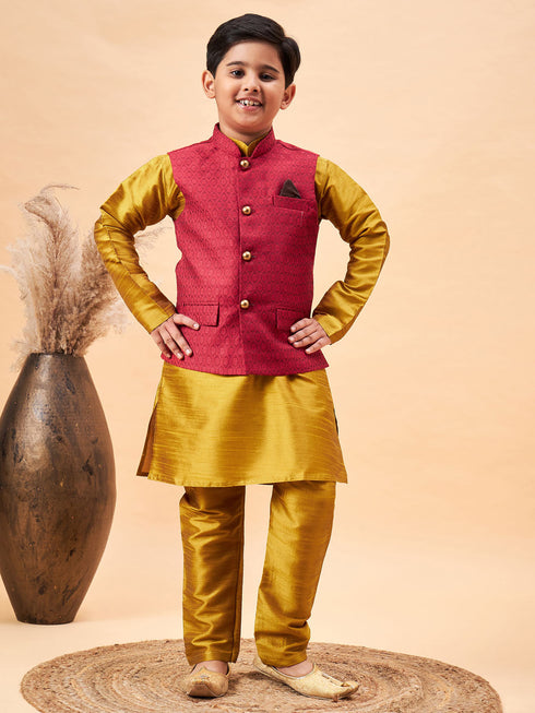 Vastramay Boy's Maroon Woven Jacket With Mustard Kurta and Pyjama Set