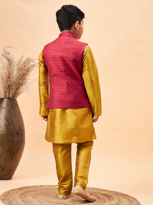 Vastramay Boy's Maroon Woven Jacket With Mustard Kurta and Pyjama Set
