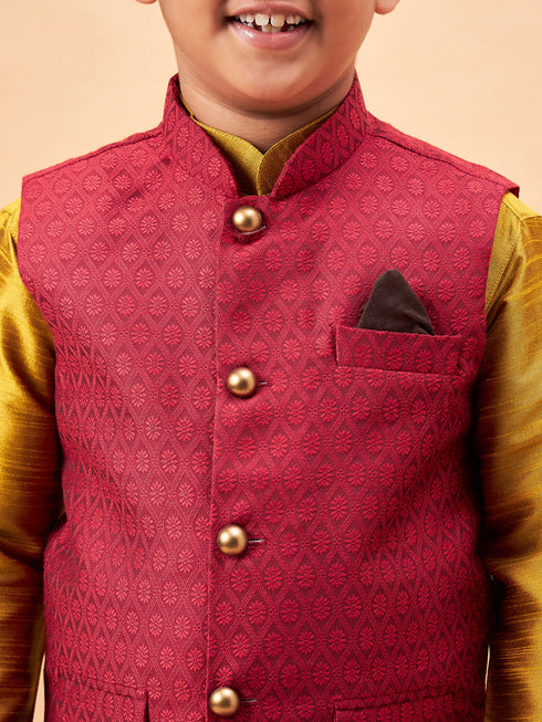 Vastramay Boy's Maroon Woven Jacket With Mustard Kurta and Pyjama Set