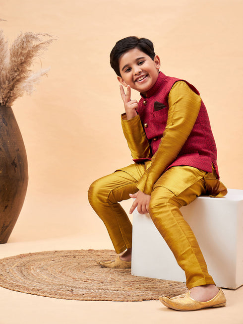 Vastramay Boy's Maroon Woven Jacket With Mustard Kurta and Pyjama Set