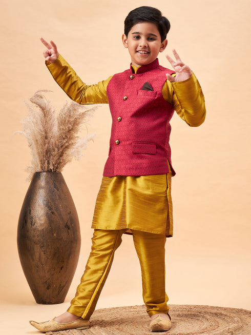 Vastramay Boy's Maroon Woven Jacket With Mustard Kurta and Pyjama Set