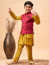 Vastramay Boy's Maroon Woven Jacket With Mustard Kurta and Pyjama Set