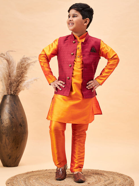 Vastramay Boy's Maroon Woven Nehru Jacket With Orange Kurta And Pyjama Set
