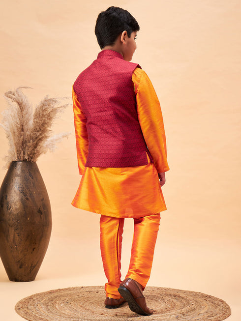 Vastramay Boy's Maroon Woven Nehru Jacket With Orange Kurta And Pyjama Set
