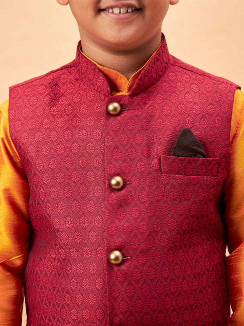 Vastramay Boy's Maroon Woven Nehru Jacket With Orange Kurta And Pyjama Set