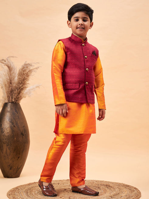 Vastramay Boy's Maroon Woven Nehru Jacket With Orange Kurta And Pyjama Set
