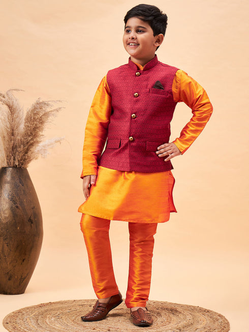 Vastramay Boy's Maroon Woven Nehru Jacket With Orange Kurta And Pyjama Set