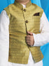 Vastramay Boys Yellow Woven Design Nehru Jacket With White Kurta And Pyjama Set