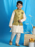 Vastramay Boy's Yellow Woven Jacket With Cream Kurta and Pyjama Set