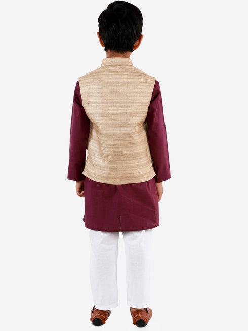 Vastramay Beige, Purple And White Baap Beta Nehru Jacket Kurta Pyjama set