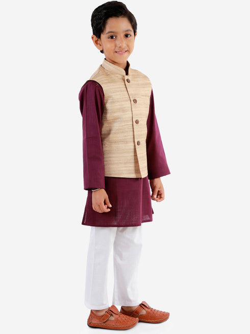 Vastramay Beige, Purple And White Baap Beta Nehru Jacket Kurta Pyjama set