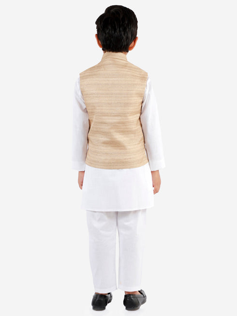 Vastramay Beige Cotton Silk Nehru Jacket & White Kurta Pyjama Baap Beta Set