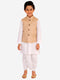 JBN CREATION Beige And White Matka Silk Jacket, Kurta and Dhoti Set