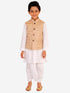 JBN CREATION Beige And White Matka Silk Jacket, Kurta and Dhoti Set
