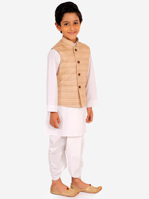 JBN CREATION Beige And White Matka Silk Jacket, Kurta and Dhoti Set