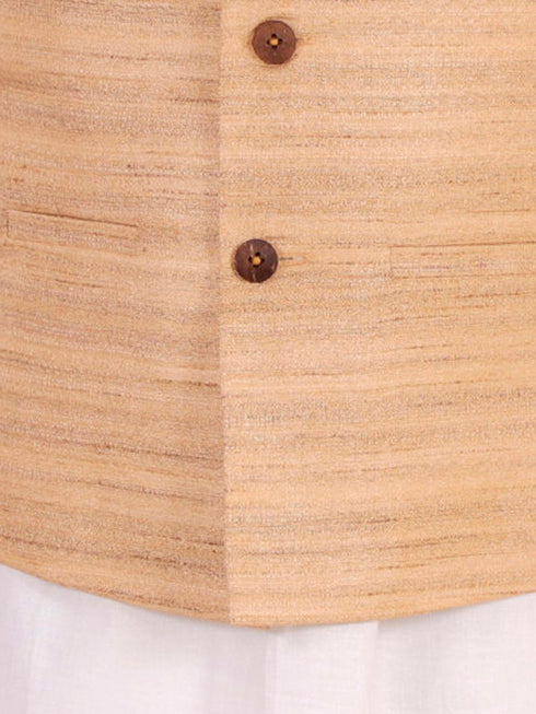 JBN CREATION Beige And White Matka Silk Jacket, Kurta and Dhoti Set