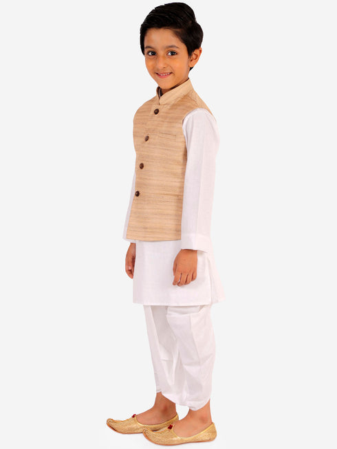 JBN CREATION Beige And White Matka Silk Jacket, Kurta and Dhoti Set