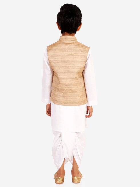 JBN CREATION Beige And White Matka Silk Jacket, Kurta and Dhoti Set