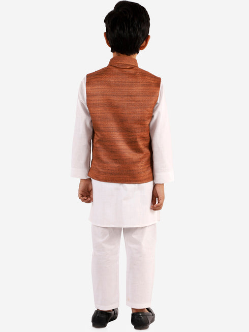 Vastramay Brown Color Nehru Jacket And White Kurta Pyjama Baap Beta Set