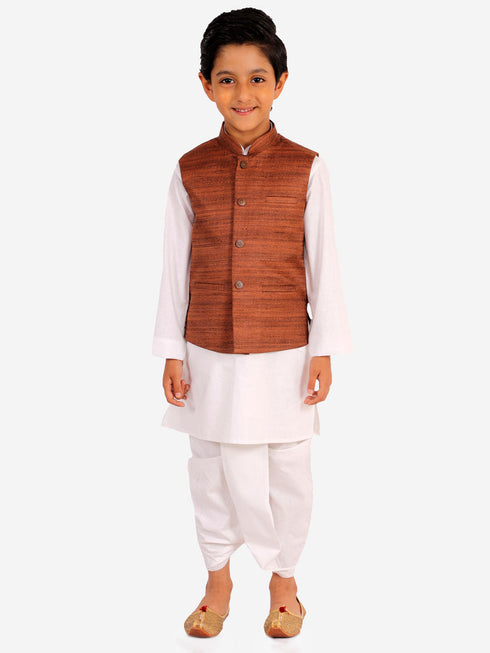 JBN CREATION Brown And White Matka Silk Jacket, Kurta and Dhoti Set