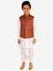 JBN CREATION Brown And White Matka Silk Jacket, Kurta and Dhoti Set