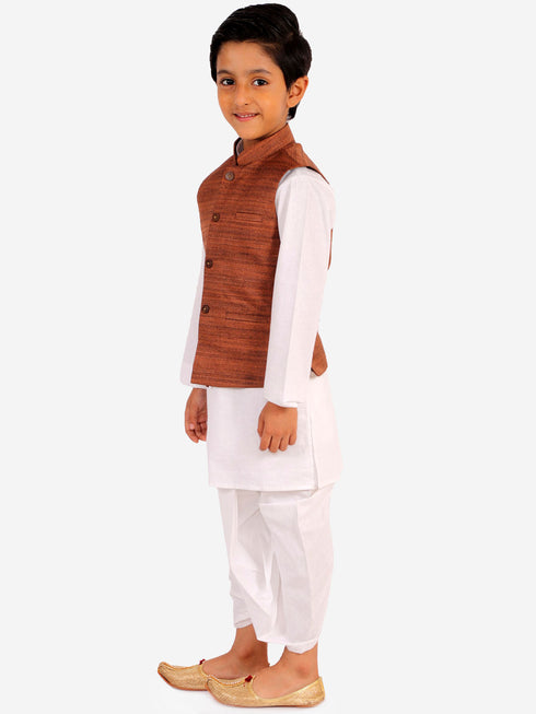 JBN CREATION Brown And White Matka Silk Jacket, Kurta and Dhoti Set