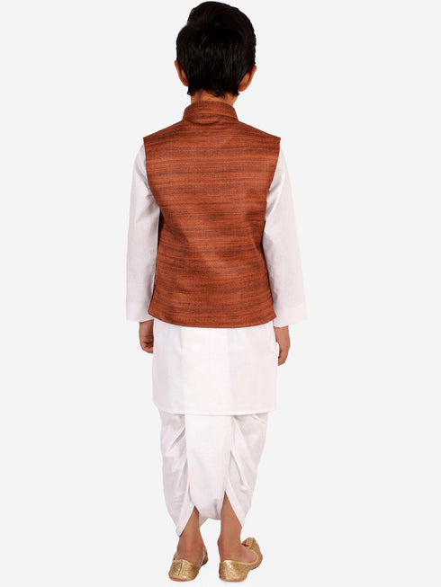 JBN CREATION Brown And White Matka Silk Jacket, Kurta and Dhoti Set