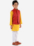 Vastramay Maroon, Mustard And White Baap Beta Nehru Jacket Kurta Pyjama set