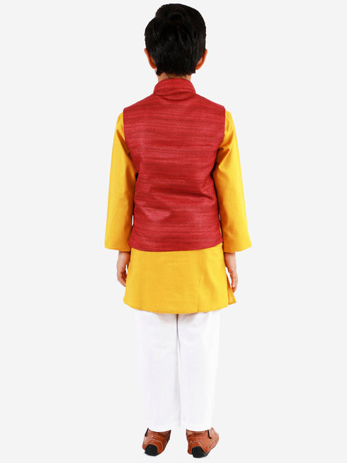 Vastramay Maroon, Mustard And White Baap Beta Nehru Jacket Kurta Pyjama set