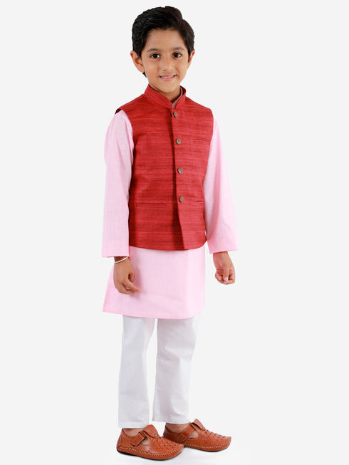 Vastramay Maroon, Pink And White Baap Beta Nehru Jacket Kurta Pyjama set