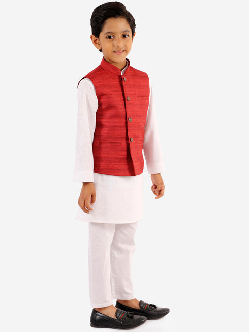 Vastramay Maroon Nehru Jacket And White Kurta Pyjama Baap Beta Set