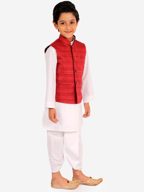 Vastramay Maroon Cotton Silk Nehru Jacket & White Dhoti Kurta Baap Beta Set