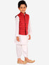 JBN CREATION Boy's Maroon And White Matka Silk Jacket, Kurta and Dhoti Set