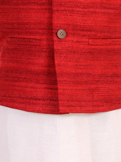 JBN CREATION Boy's Maroon And White Matka Silk Jacket, Kurta and Dhoti Set