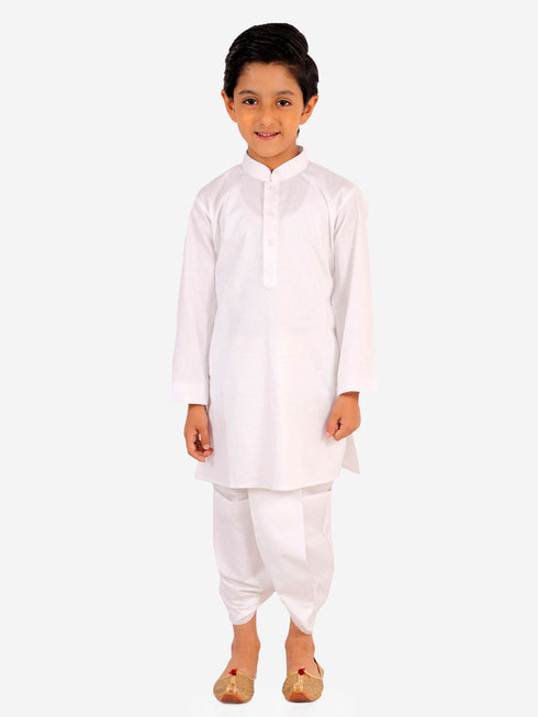 JBN CREATION Boy's Maroon And White Matka Silk Jacket, Kurta and Dhoti Set