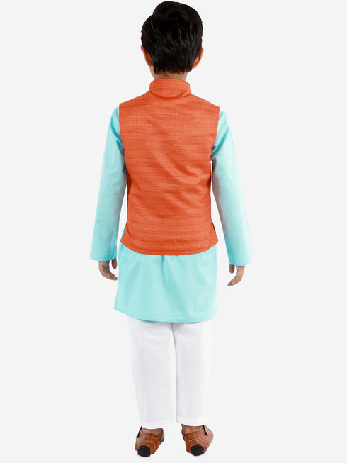 Vastramay Orange And Turquoise Color White Baap Beta Nehru Jacket Kurta Pyjama set