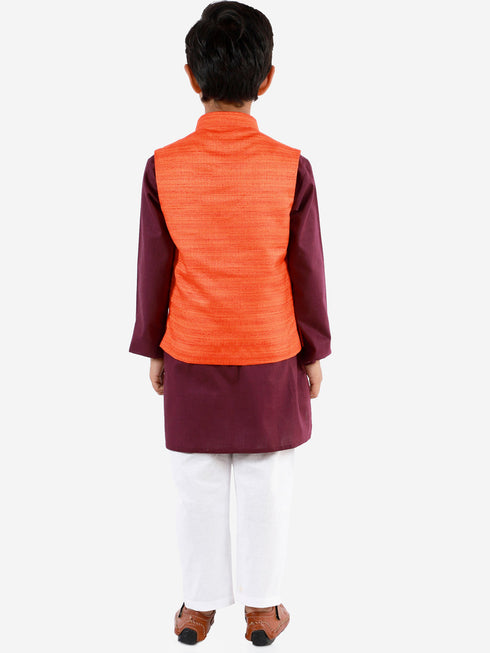 Vastramay Orange, Purple And White Baap Beta Nehru Jacket Kurta Pyjama set