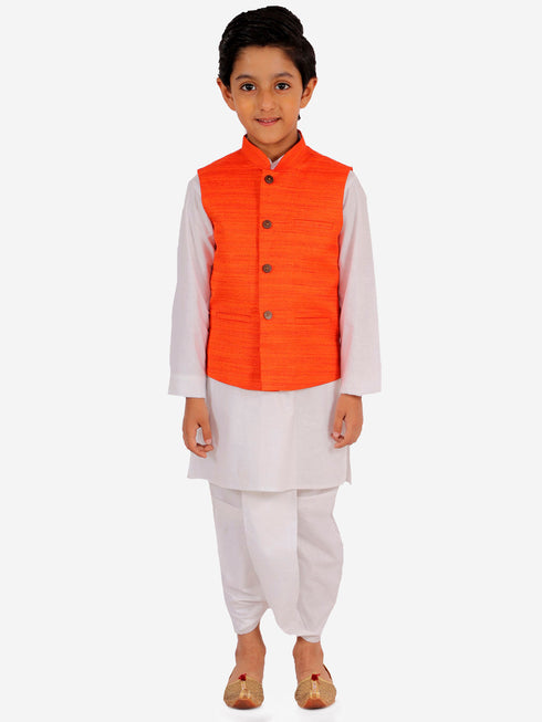 JBN CREATION Orange And White Matka Silk Jacket, Kurta and Dhoti Set
