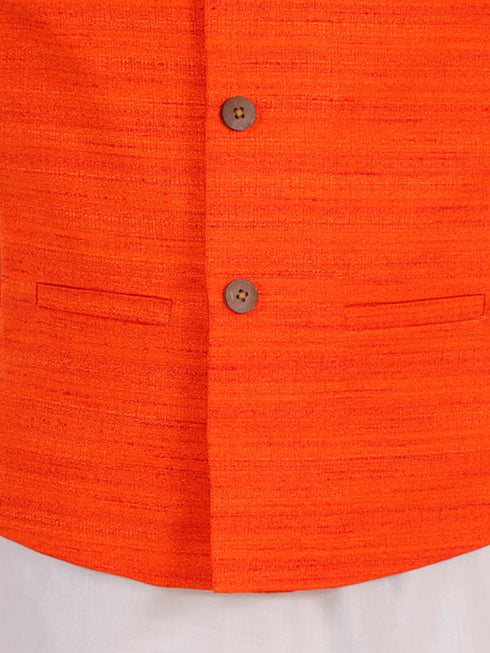 JBN CREATION Orange And White Matka Silk Jacket, Kurta and Dhoti Set
