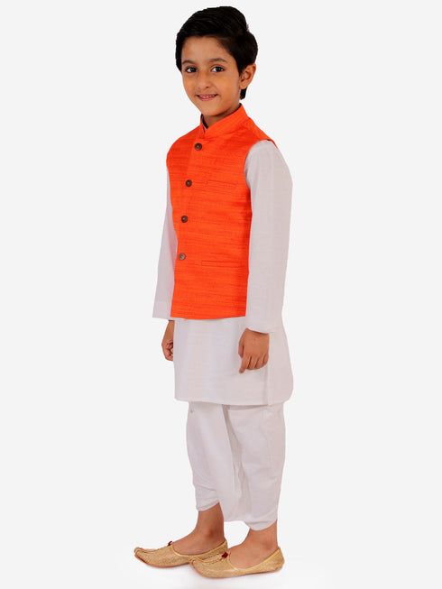 JBN CREATION Orange And White Matka Silk Jacket, Kurta and Dhoti Set