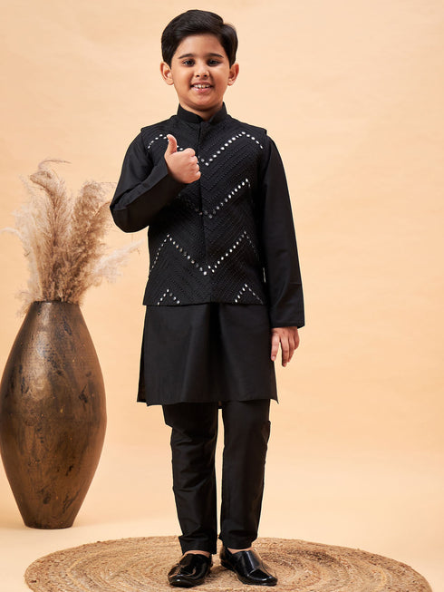 Vastramay Boy's Black Mirror Work Jacket And Solid Kurta Pyjama Set