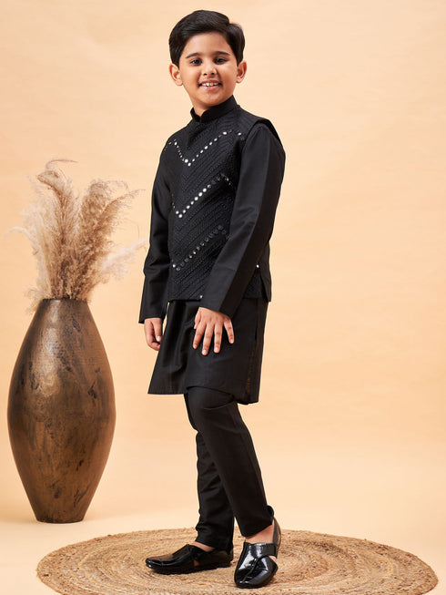Vastramay Boy's Black Mirror Work Jacket And Solid Kurta Pyjama Set